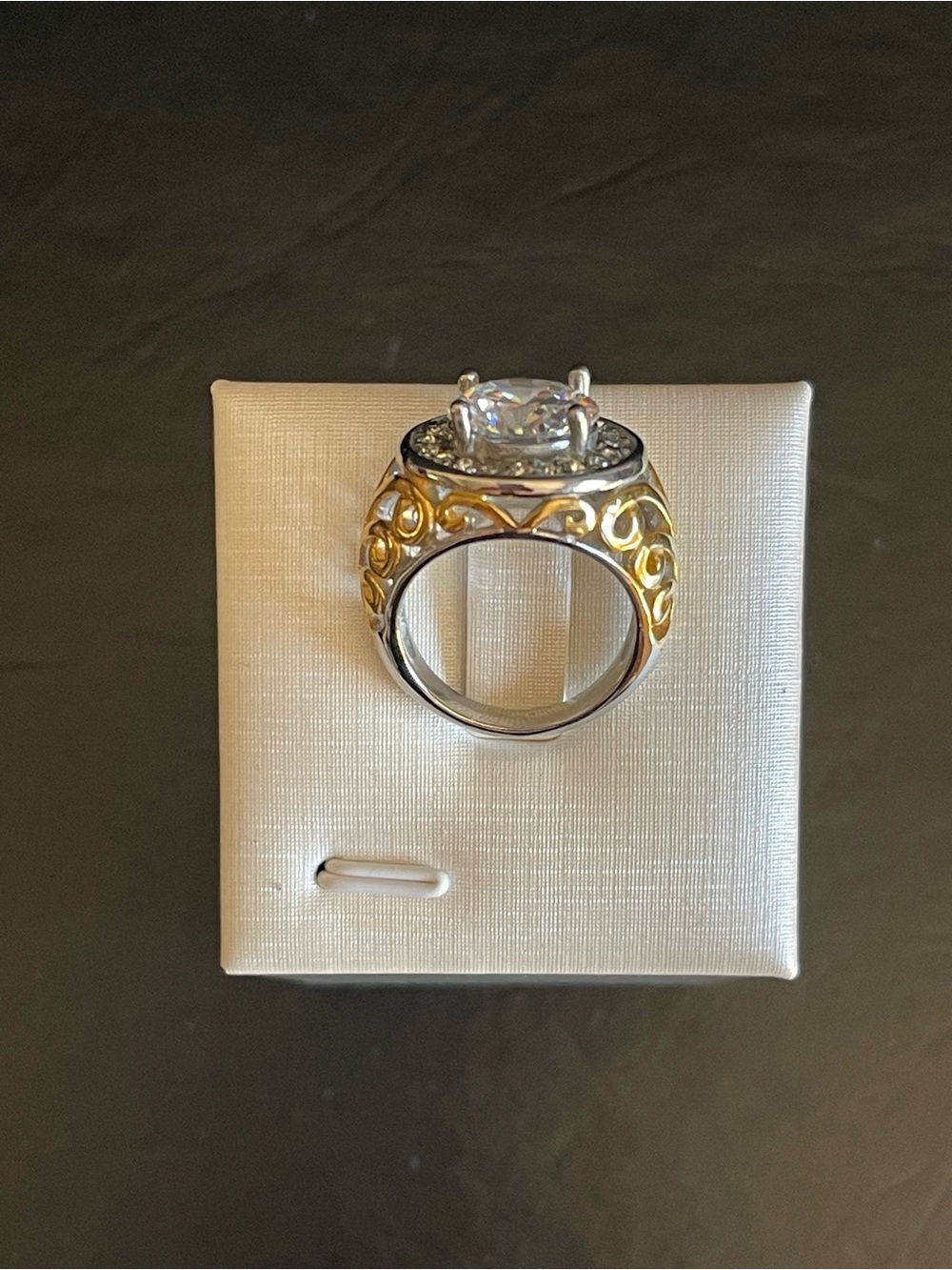 Gold and Silver Two-Tone Halo Solitaire Ring with CZ